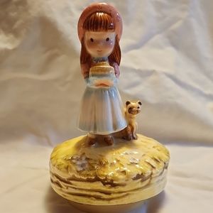 Vintage Schmid Porcelian Musical Figurine Girl With Cat And Cake